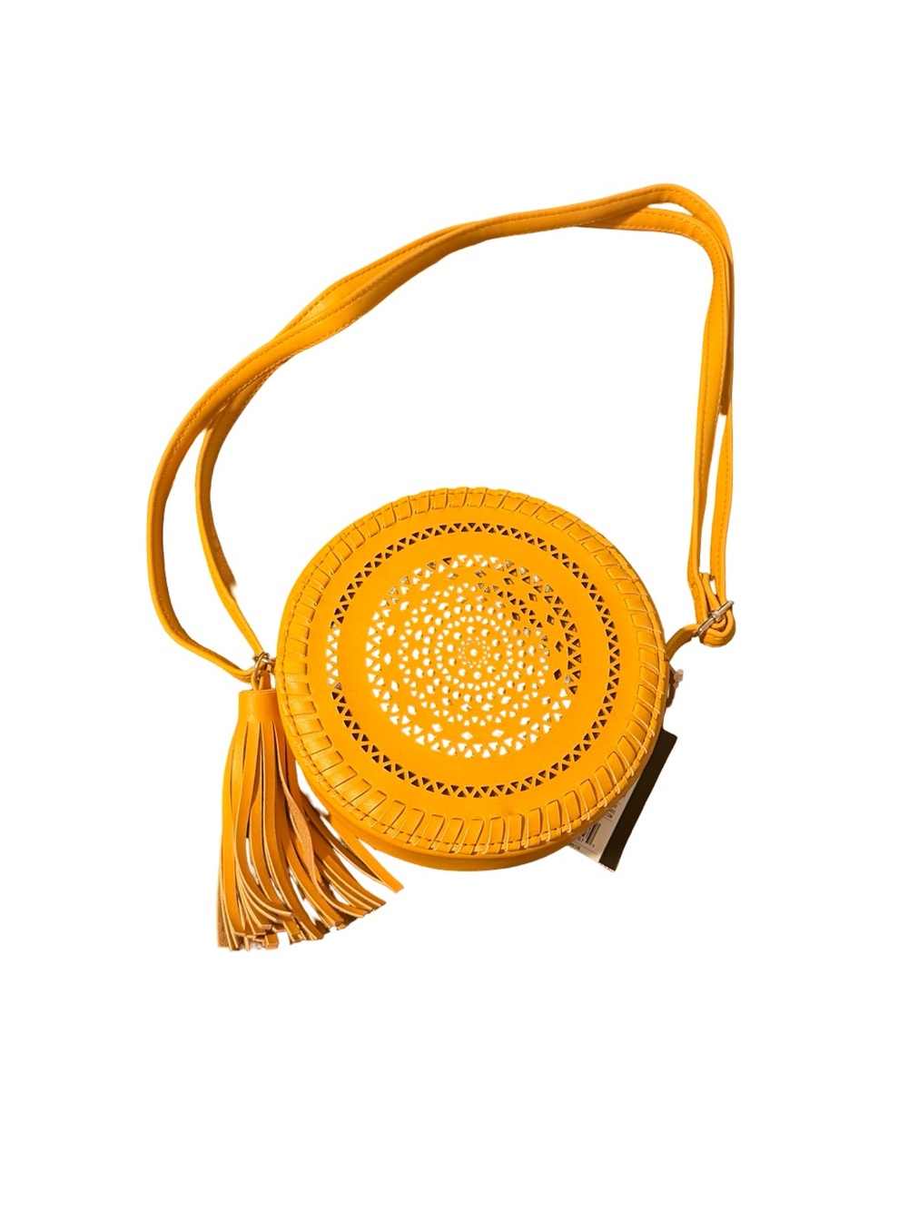 NWT Round Crossbody Bag Mustard Yellow Faux Leather Tassel Boho